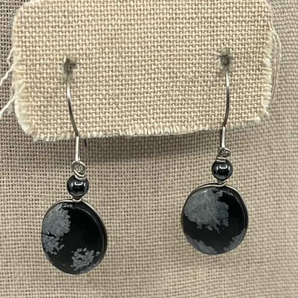 Handmade Vintage 1990's Snowflake Obsidian & Black Pearl Earrings - Picture 3 of 16